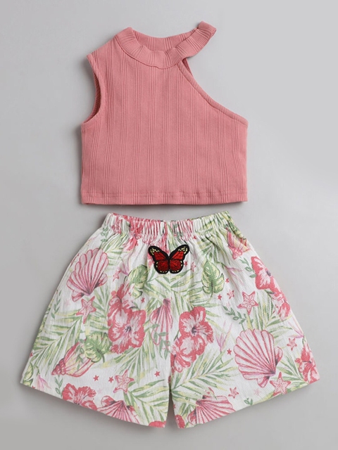 

Hopscotch Girls Peach-Coloured & Green Top with Shorts