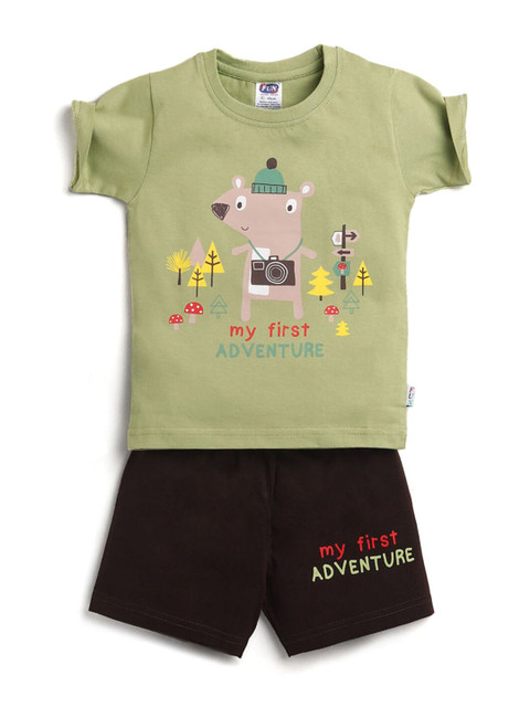 

Hopscotch Boys Green Printed Cotton T-shirt with Shorts