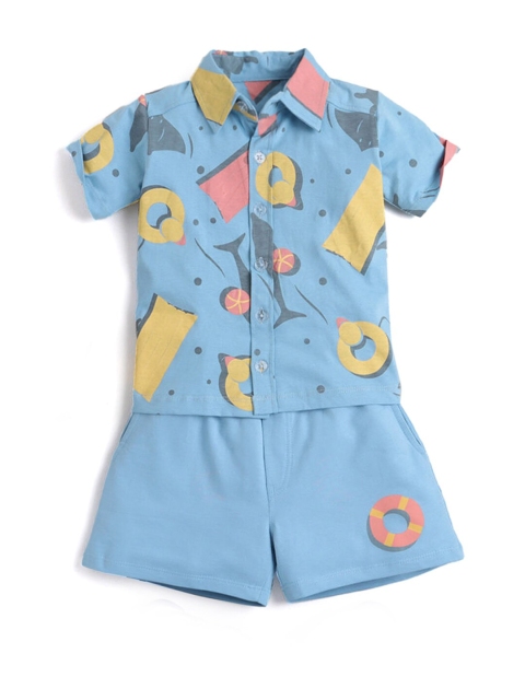 

Hopscotch Boys Blue Printed Pure Cotton Shirt with Shorts