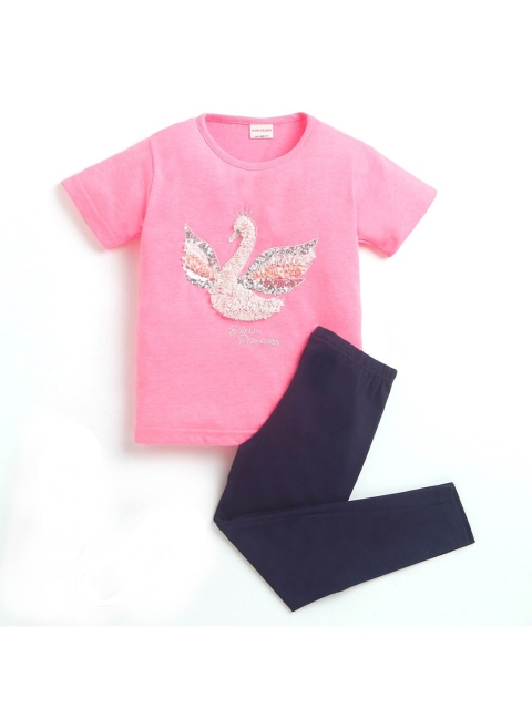 

Hopscotch Girls Pink & Blue Pure Cotton Embellished Top with Leggings