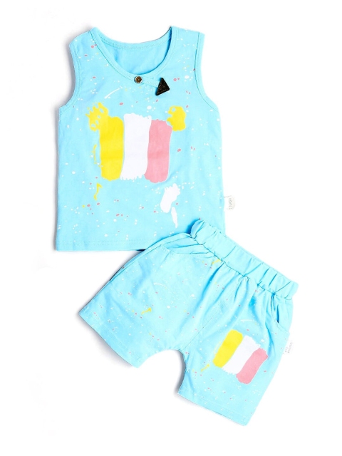 

Hopscotch Boys Blue Printed Pure Cotton T-shirt with Shorts