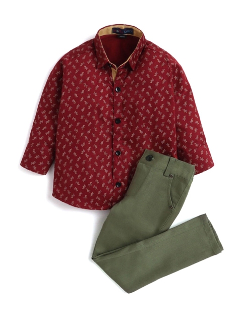 

Hopscotch Boys Maroon Pure Cotton Printed Shirt with Trousers