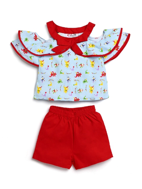 

Hopscotch Girls Blue & Red Printed Pure Cotton Top with Shorts