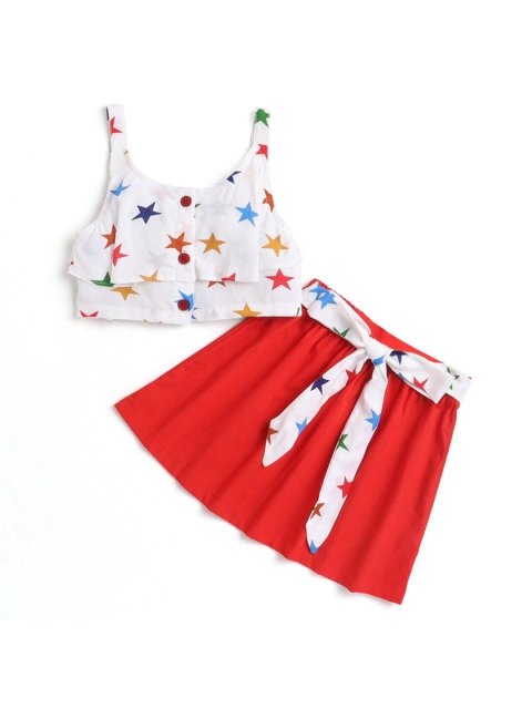 

Hopscotch Girls White & Red Pure Cotton Printed Top with Skirt