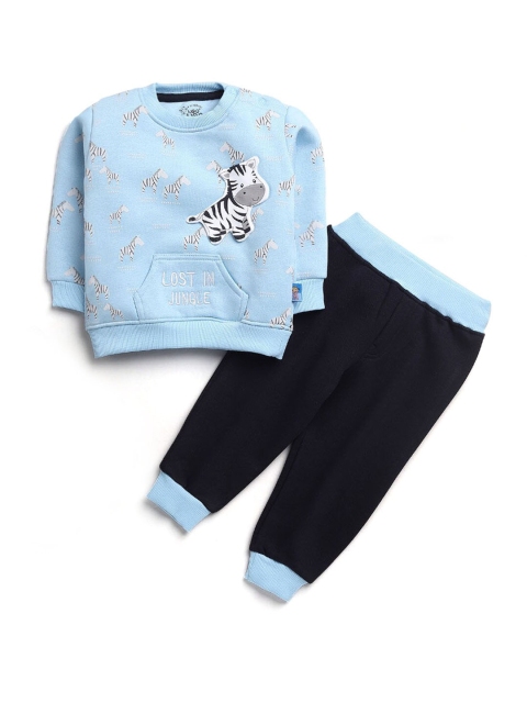

Hopscotch Boys Blue & Navy Blue Printed Pure Cotton T-shirt with Trousers