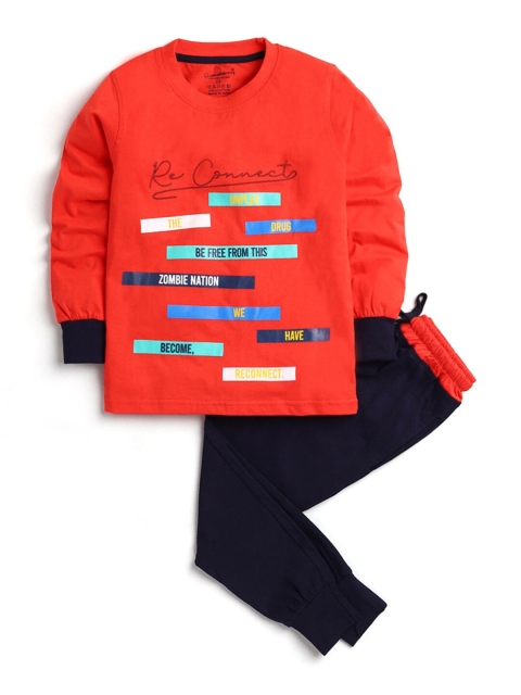 

Hopscotch Boys Orange & Navy Blue Printed T-shirt with Joggers
