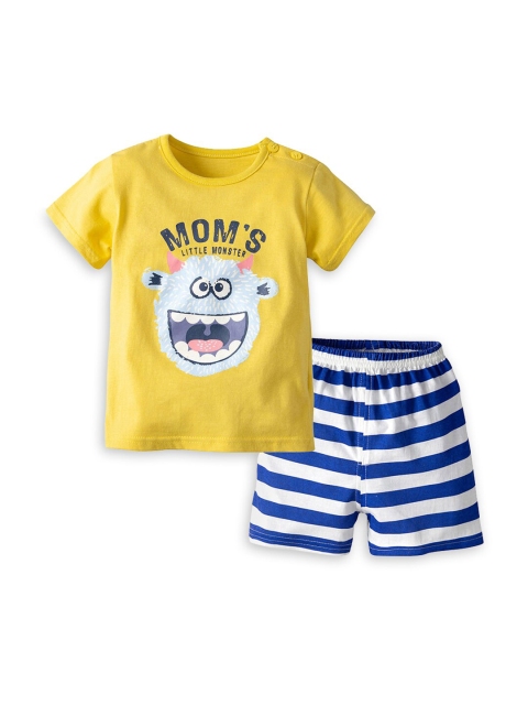 

Hopscotch Boys Yellow & White Printed Pure Cotton T-shirt with Shorts