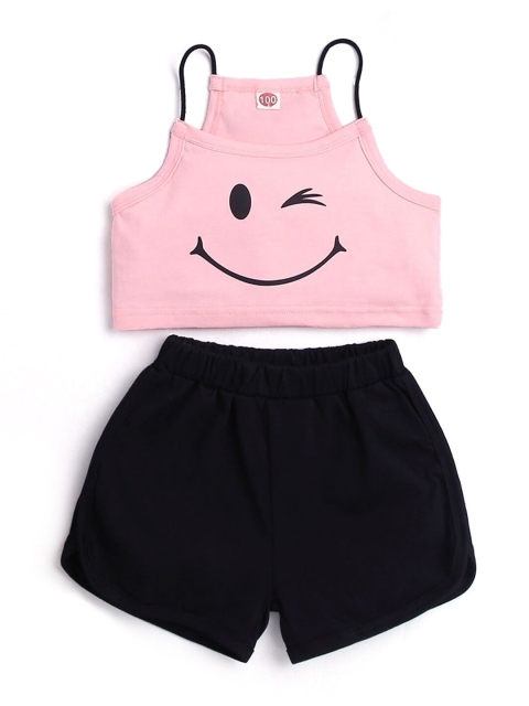 

Hopscotch Girls Pink & Black Printed Top with Shorts