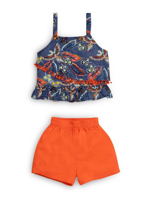 

Hopscotch Girls Blue & Orange Printed Pure Cotton Top with Shorts