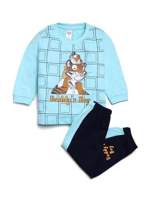 

Hopscotch Boys Blue & Navy Blue Printed Pure Cotton T-shirt with Trousers