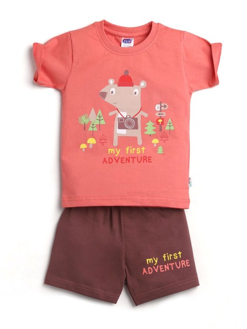 

Hopscotch Boys Peach-Coloured Printed Pure Cotton T-shirt with Shorts