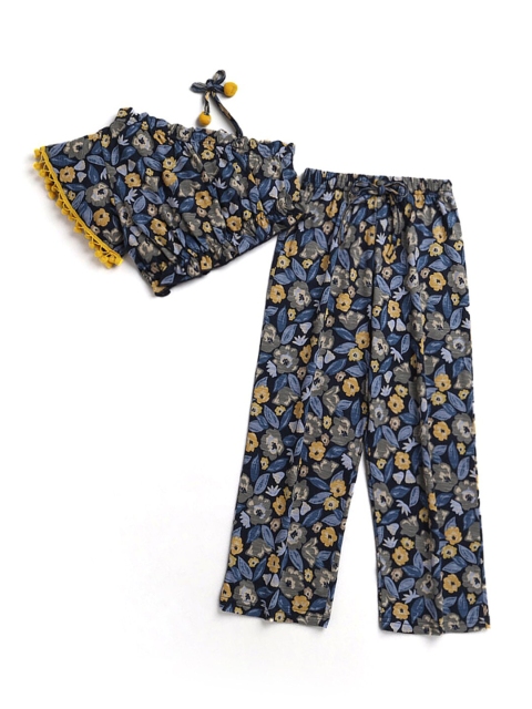 

Hopscotch Girls Navy Blue & Yellow Printed Pure Cotton Top with Trousers