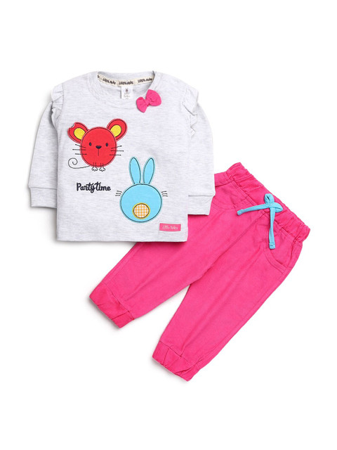 

Hopscotch Girls Grey & Pink Printed Pure Cotton T-shirt with Trousers