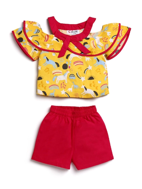 

Hopscotch Girls Yellow Printed Top with Shorts