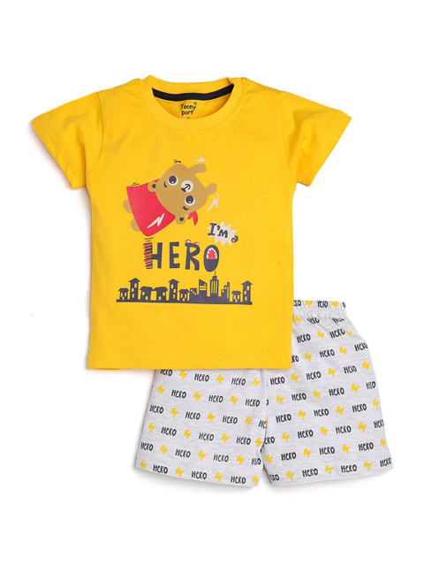 

Hopscotch Boys Yellow & Grey Pure Cotton Printed Top with Shorts