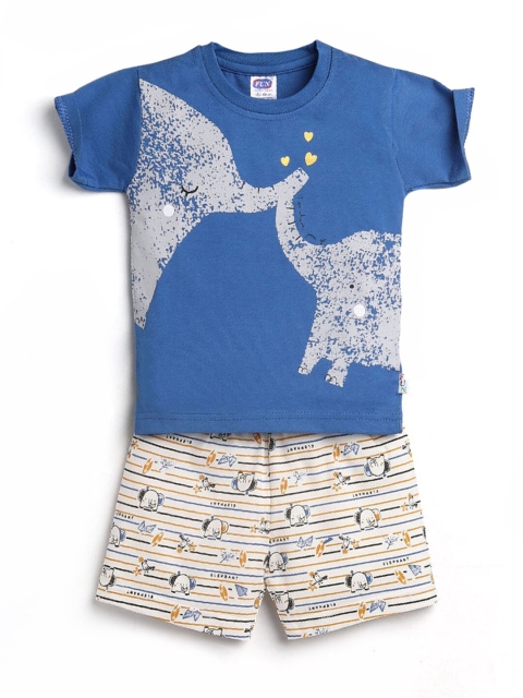 

Hopscotch Boys Blue & Beige Pure Cotton Printed T-shirt with Shorts
