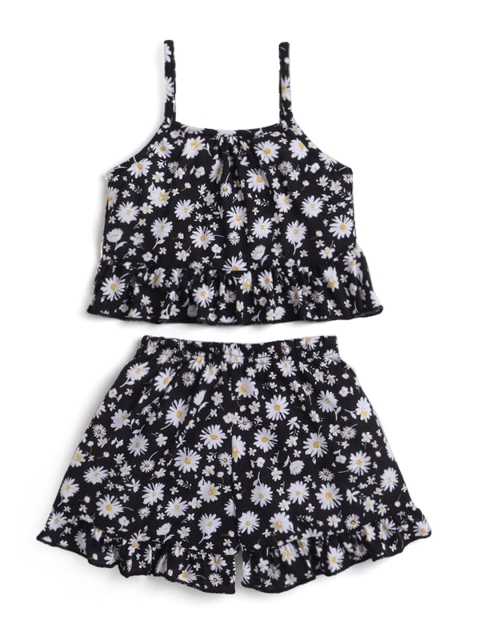 

Hopscotch Girls Yellow & Black Printed Pure Cotton Top with Shorts