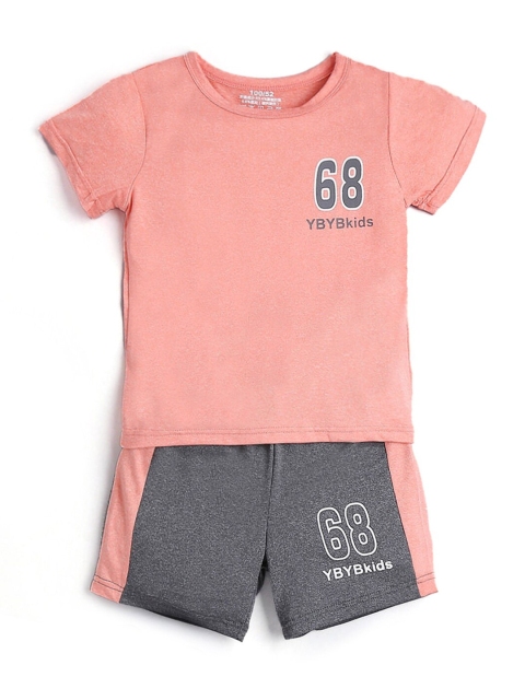 

Hopscotch Boys Peach-Coloured & Charcoal T-shirt with Shorts