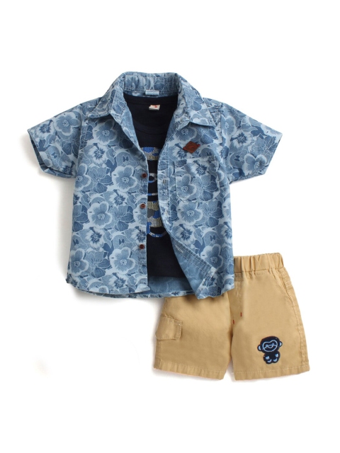 

Hopscotch Boys Blue & Brown Printed Pure Cotton Shirt with Shorts