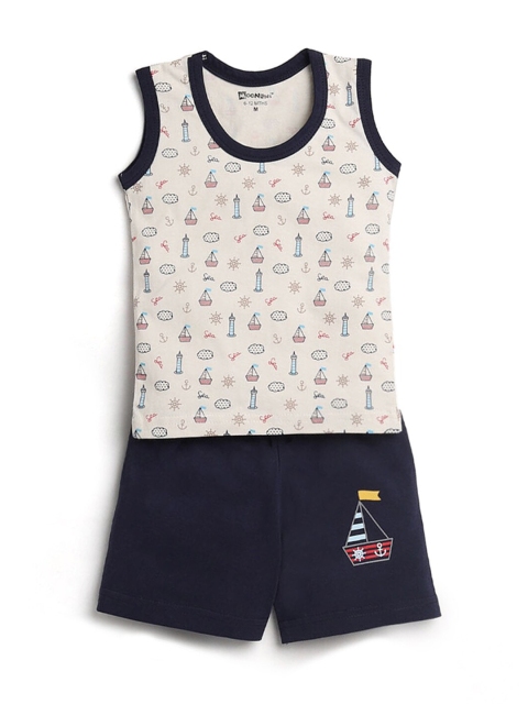 

Hopscotch Boys Navy Blue & Cream-Coloured Printed Pure Cotton T-shirt with Shorts