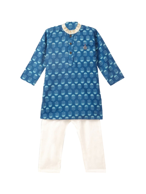 

Hopscotch Boys Blue Floral Printed Pure Cotton Kurta Set