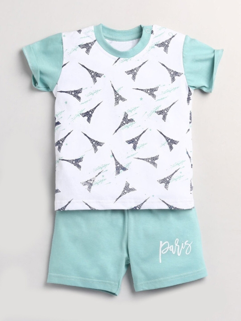 

Hopscotch Boys Sea Green & White Pure Cotton Printed T-shirt with Shorts