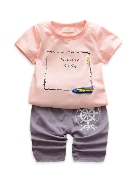 

Hopscotch Boys Peach-Coloured & Grey Printed T-shirt with Trousers