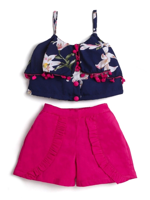 

Hopscotch Girls Navy Blue & Pink Pure Cotton Printed Top with Shorts