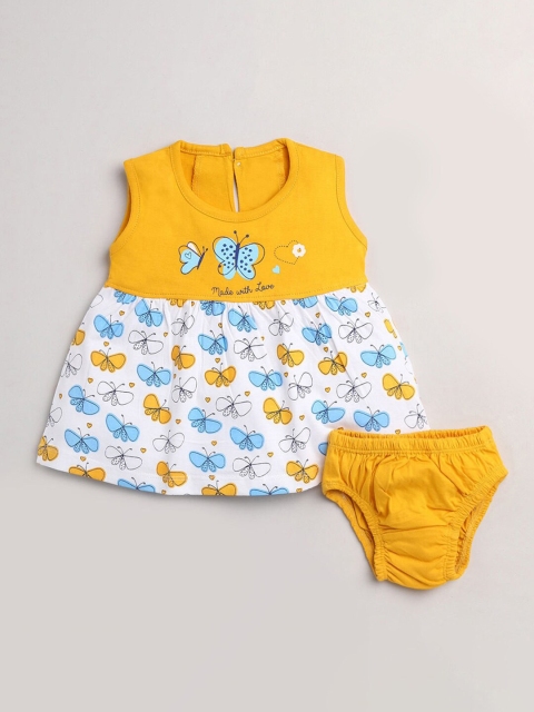 

Hopscotch Girls Yellow & White Printed Pure Cotton Top with Shorts