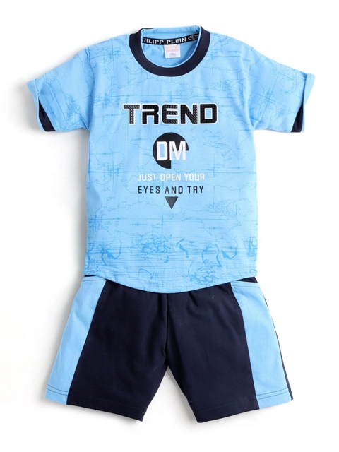 

Hopscotch Boys Blue & Navy Blue Printed Pure Cotton T-shirt with Shorts
