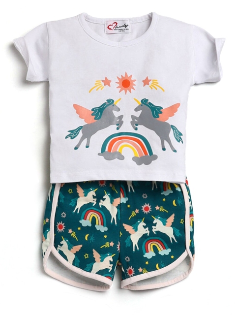 

Hopscotch Girls White & Green Printed Top with Shorts