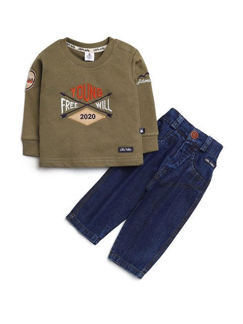 

Hopscotch Boys Olive Green & Navy Blue Pure Cotton T-shirt with Trousers
