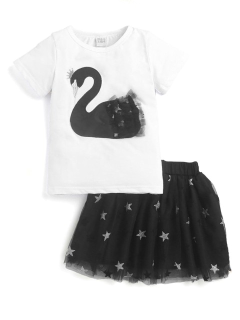 

Hopscotch Girls White & Black Printed Top with Skirt