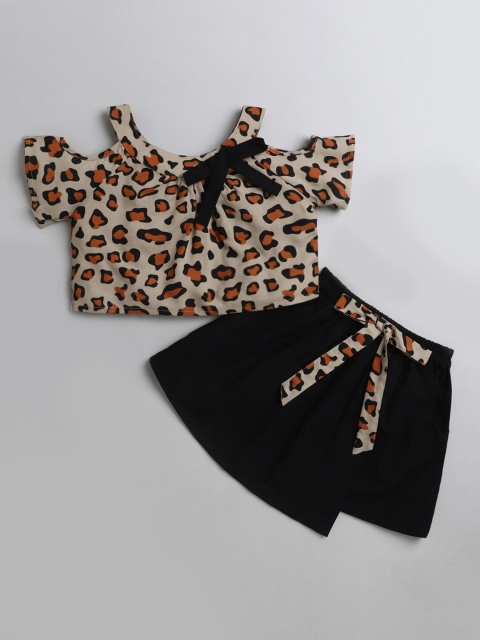 

Hopscotch Girls Brown & Black Printed Cotton Top with Skirt