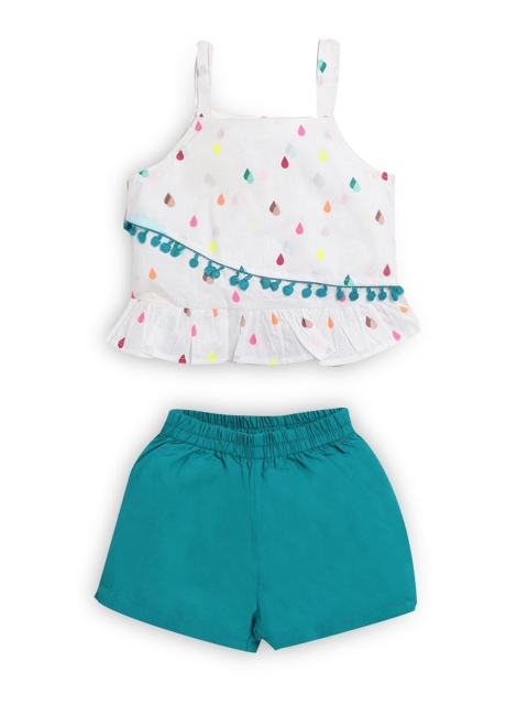 

Hopscotch Girls White & Teal Printed Top with Shorts