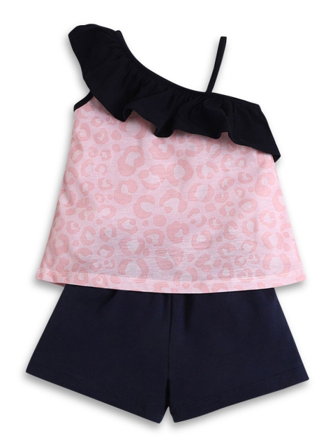 

Hopscotch Girls Navy Blue & Pink Printed Top with Shorts
