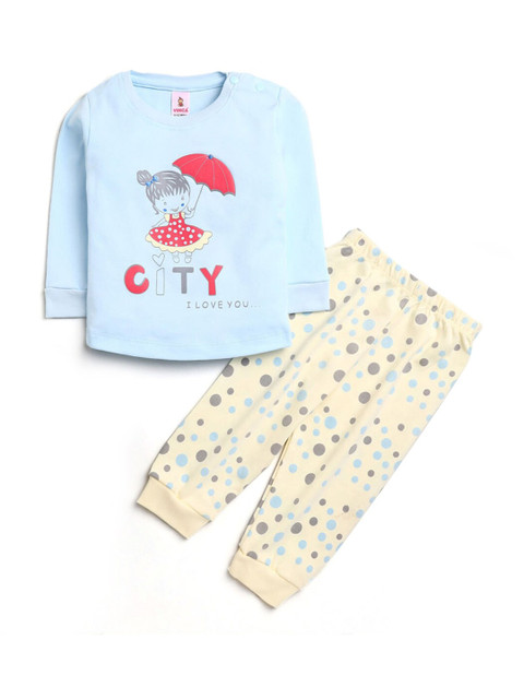 

Hopscotch Girls Blue & Cream-Coloured Printed T-shirt with Trousers