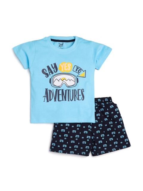 

Hopscotch Boys Blue & Navy Blue Printed Pure Cotton Top with Shorts