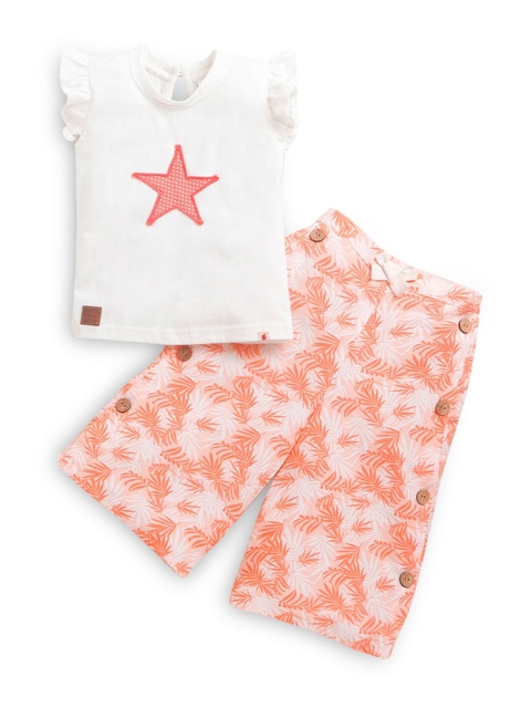 

Hopscotch Girls Orange & White Printed Pure Cotton T-shirt with Shorts
