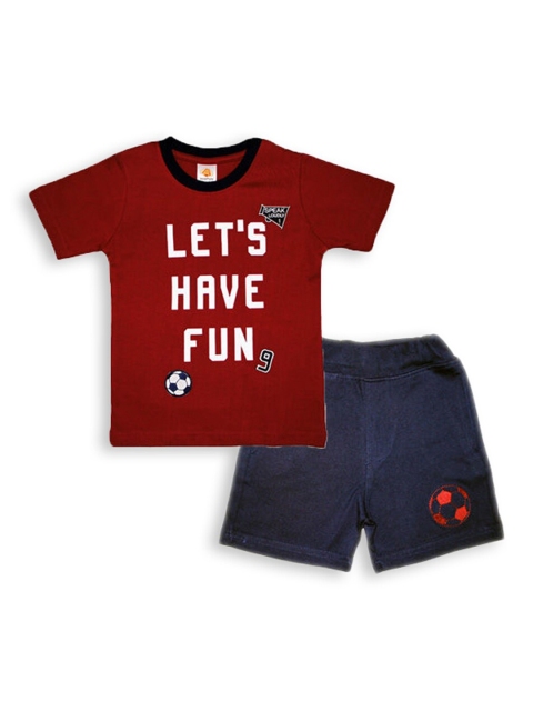 

Hopscotch Boys Maroon Printed T-shirt with Shorts