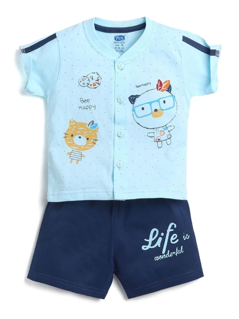 

Hopscotch Boys Blue Printed Cotton T-shirt with Shorts