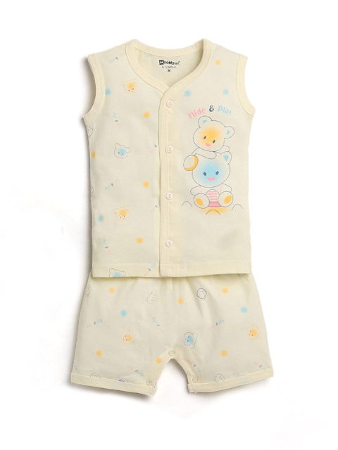 

Hopscotch Boys Cream-Coloured Printed T-shirt with Shorts