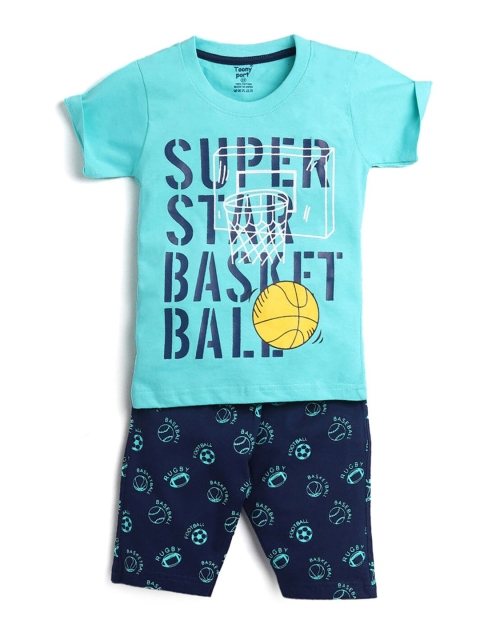 

Hopscotch Boys Blue Printed Pure Cotton T-shirt with Shorts