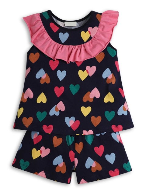 

Hopscotch Girls Navy Blue & Green Printed Top with Shorts