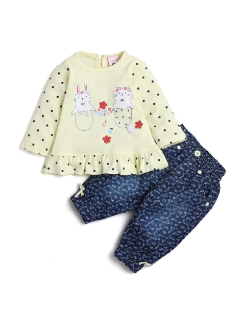 

Hopscotch Girls Yellow & Blue Printed Pure Cotton Top with Trousers