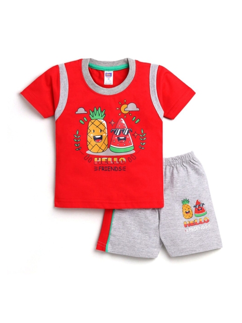 

Hopscotch Boys Red & Grey Printed Pure Cotton T-shirt with Shorts