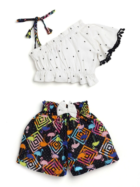 

Hopscotch Girls White & Black Pure Cotton Printed Top with Shorts