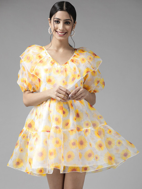 

PANIT Cream-Coloured & Yellow Floral A-Line Mini Dress