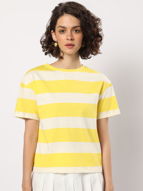 

Bewakoof Women Yellow Pure Cotton Striped Top