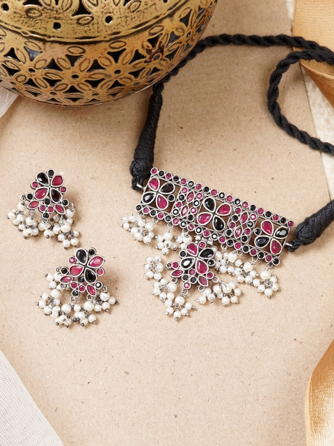 

TEEJH Women Pink & Black Oxidized Silver Artificial stone Necklace Set